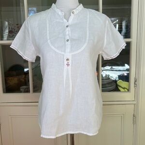 Mia Zia White Linen Blouse, Embroidery, Size Medium/Large, Italian 42